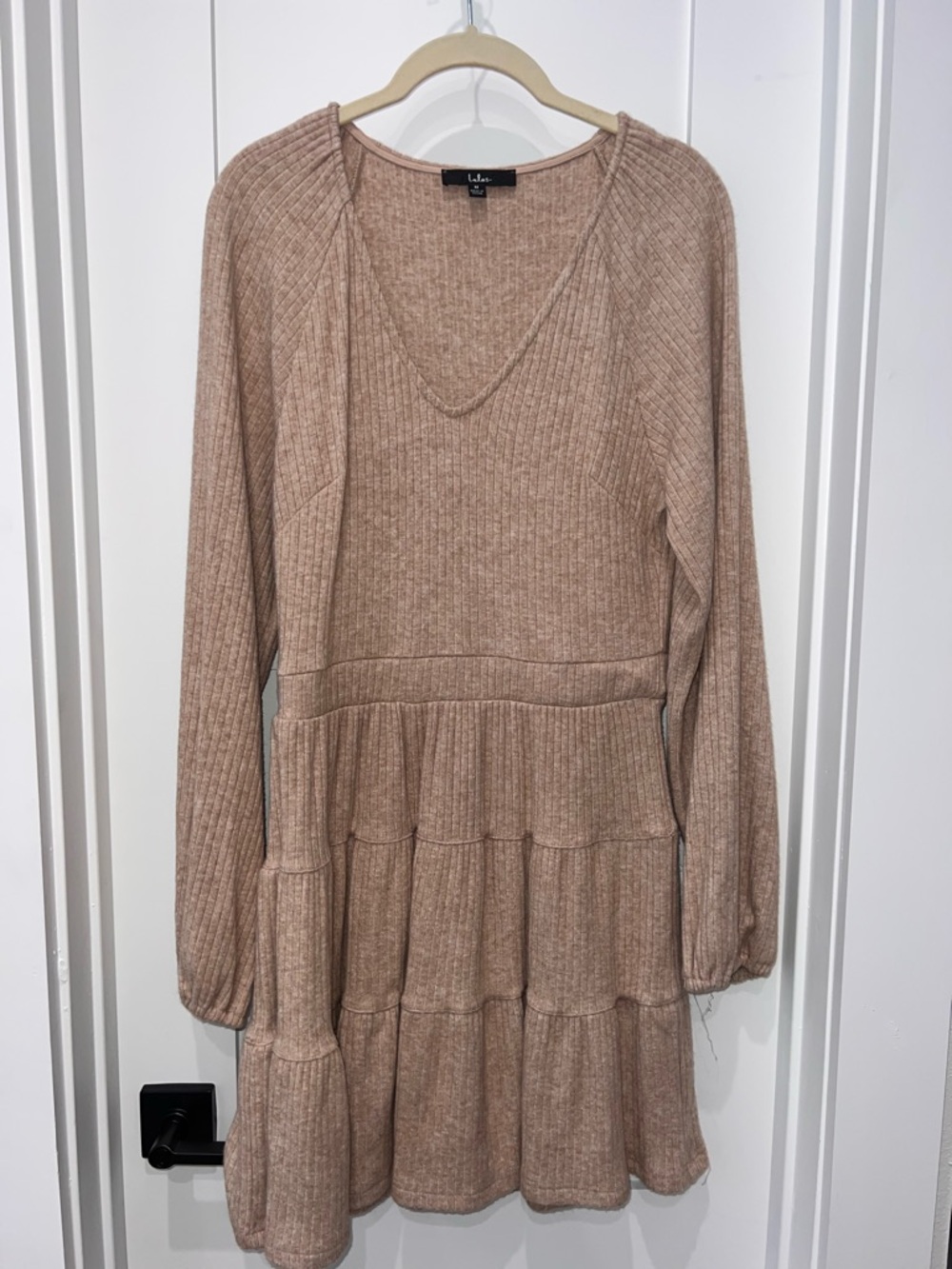 Lulu's Taupe Ribbed V-Neck Tiered Long-Sleeve Dress